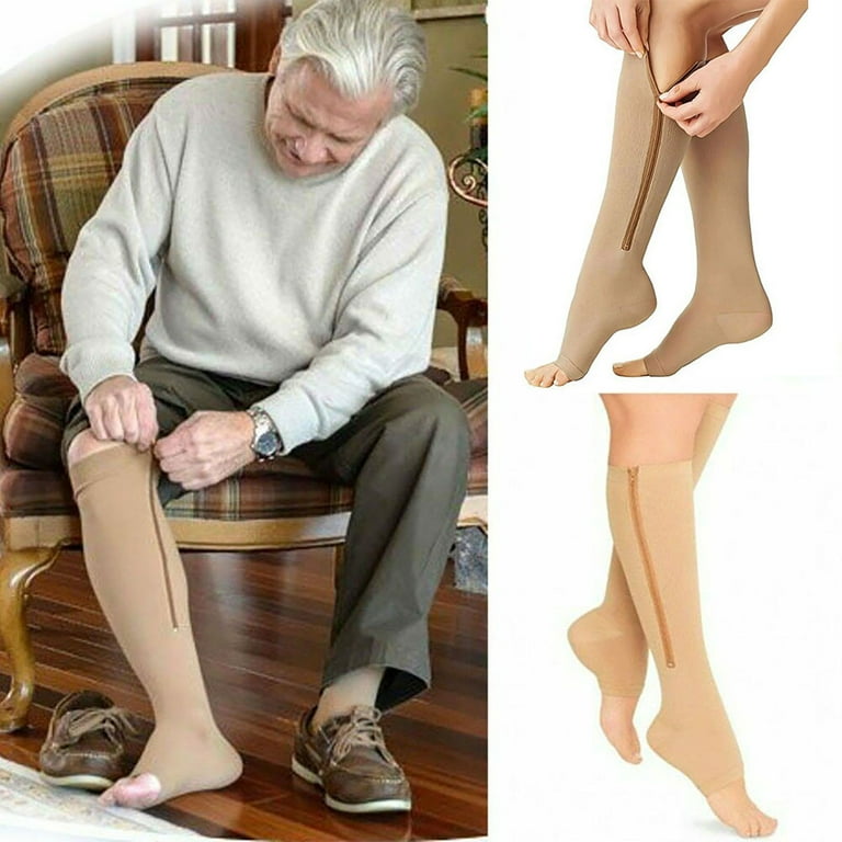 1 Pair Zipper Pressure Compression Socks Support Stockings Leg - Open Toe  Knee High Varicose Veins Socks,Beige