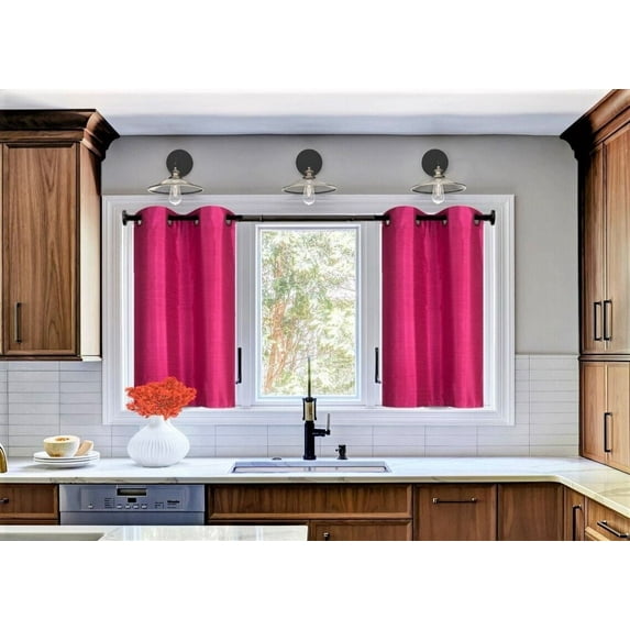 D24 Set of 2 pieces panels faux silk linen blackout light filtering 100% privacy window curtain for kitchen, bedroom décor 30" X 36" Hot pink color