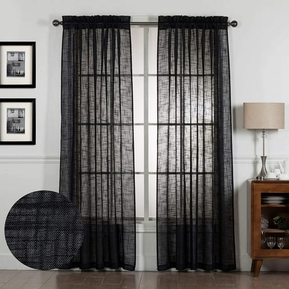 1 Pair of Faux Linen Window Treatment Curtains 84 Inches Length, Rod Pocket Privacy Protection, Black, 84" Long