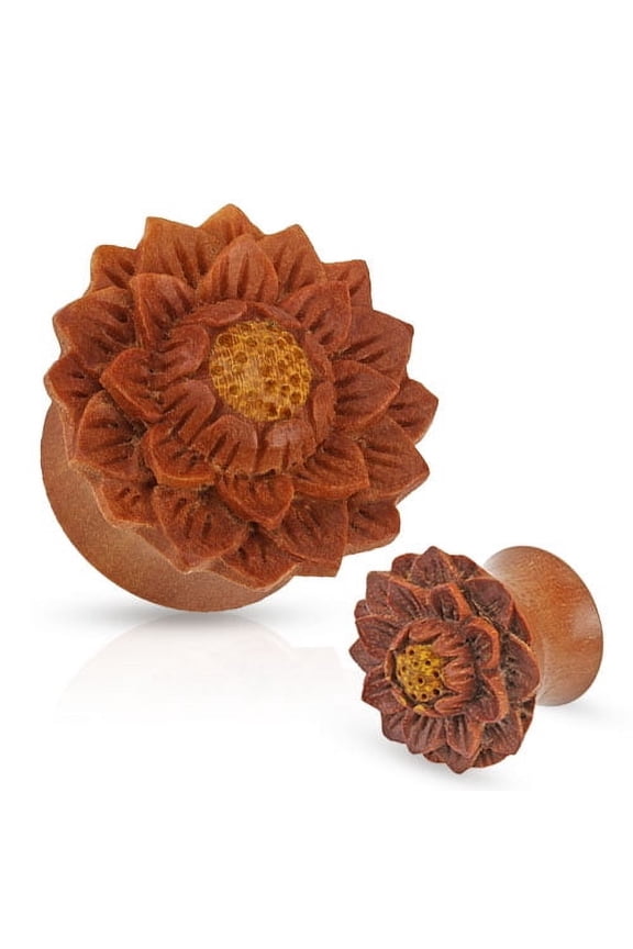 1 Pair of Organic Jackfruit Lotus Flower Wood Hand Carved Ear Plugs Gauges - size=0g