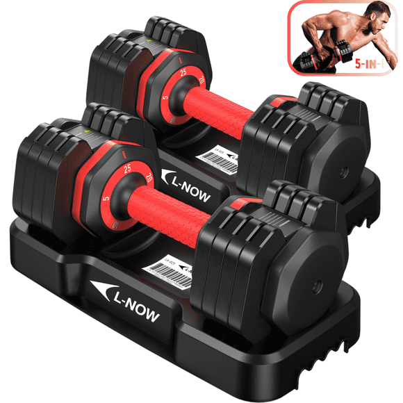 LNOW 25lbs (1 Pair) Quick Select Adjustable Dumbbells for Homm 5 in 1 Free Weights 5/10/15/20/25lb/50lb Dumbbell with Anti-Slip HanSuitable for Home Gym Exercise Equipment