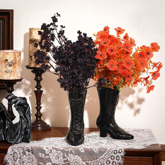 1 Pairs Halloween Flower Vase 7.1 Inch Witch Boot Vase Black Ceramic Gothic Planter Halloween Table Centerpieces for Indoor Outdoor Home Office Decor