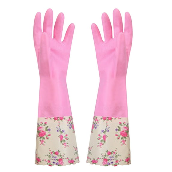 1 Pairs Rubber Cleaning Gloves, Household Kitchen Dishwashing Gloves with Cotton Flocked Liner, Long Cuff 16 Inches, Reusable, Non-Slip(Pink)
