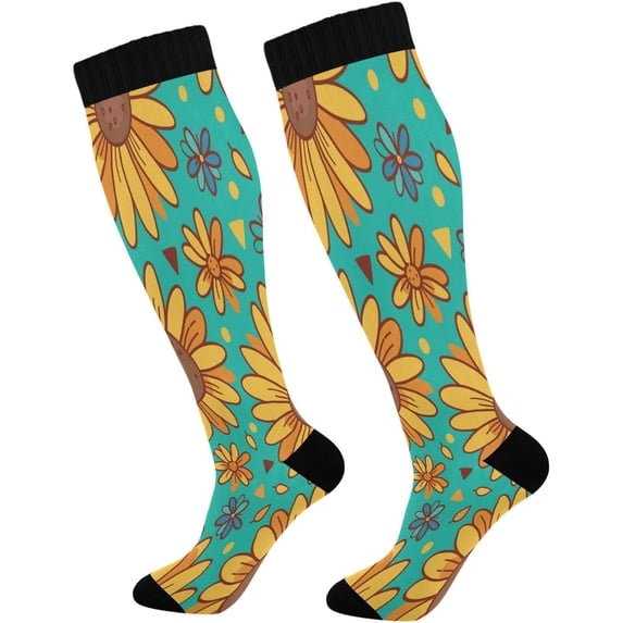 1 Pairs Sunflower Pattern Compression Socks for Women Men Knee High Stocking for Running, Athletic, Medical Gift