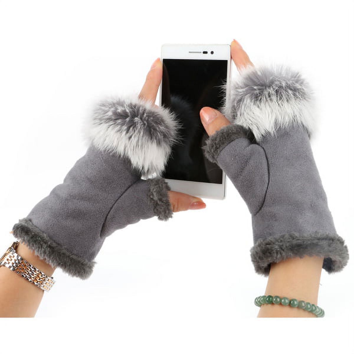 1 Pairs Women Winter Warm Faux Rabbit Fur Fingerless Gloves, Thumbhole