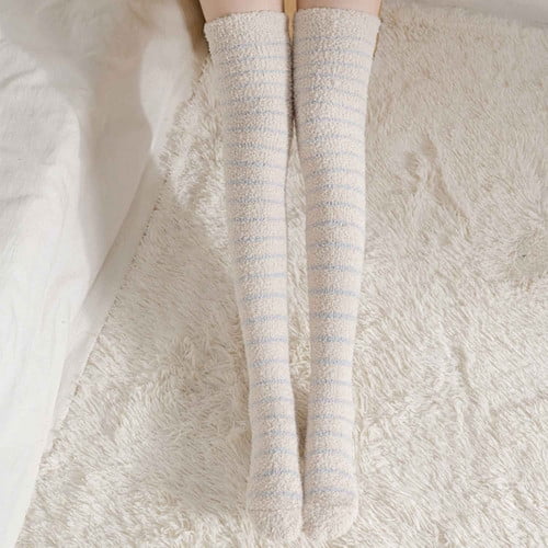1 Pairs Women's Thermal Socks Thick Warm Contrast Color Cuff Over-the-knee Socks Cute thickened velvet striped stockings