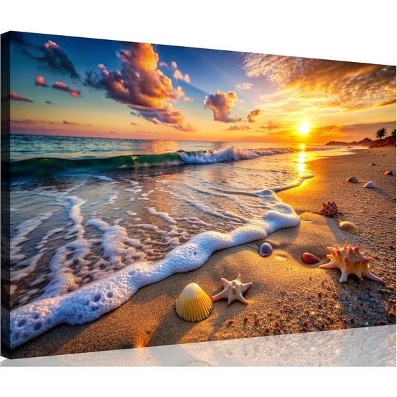 1 Panel Beach Picture Beach Wall Art Blue Sea Sunset with Starfish Ocean Canvas Painting Sea Artwork for Walls Seascape the Pictures for Home Decor Wall Decor Ready to Hang 12x18inch