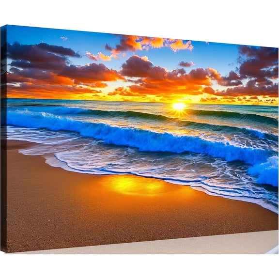 1 Panel Beach Pictures Blue Sea White Beach at Sunrise Picture Print on Canvas Ocean Pictures Wall Decor Ocean Canvas Art Seascape Wall Art Stretched and Framed 12x18 inch