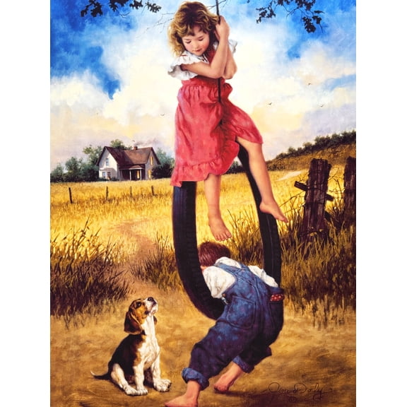 1 Panel - Children Tire Swing Country Scenic Wall Decoration Cotton Fabric Panel (Great for Quilting, Sewing, Craft Projects, Wall Hangings, and More) 36" X 44"