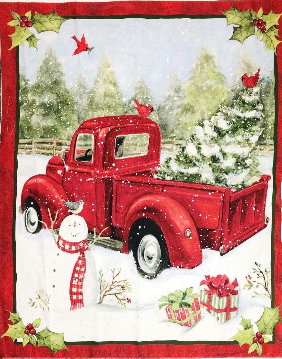 1 Panel - Christmas Fun Snowman & Classic Red Pick Up Truck Susan Winget Cotton Fabric Panel (Great for Quilting, Sewing, Craft Projects, Wall Hangings, and More) 36" X 44"