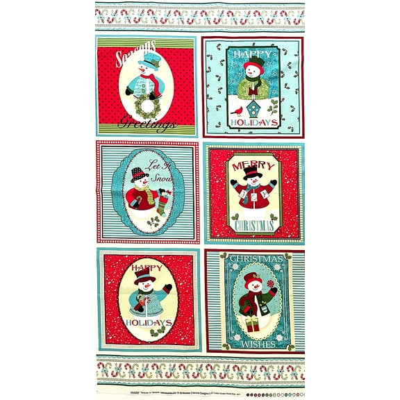 1 Panel - Christmas Holiday Snowmen Michele D'Amore Block Cotton Fabric Panel (Great for Quilting, Sewing, Craft Projects, Wall Hangings, and More) 23" X 44"