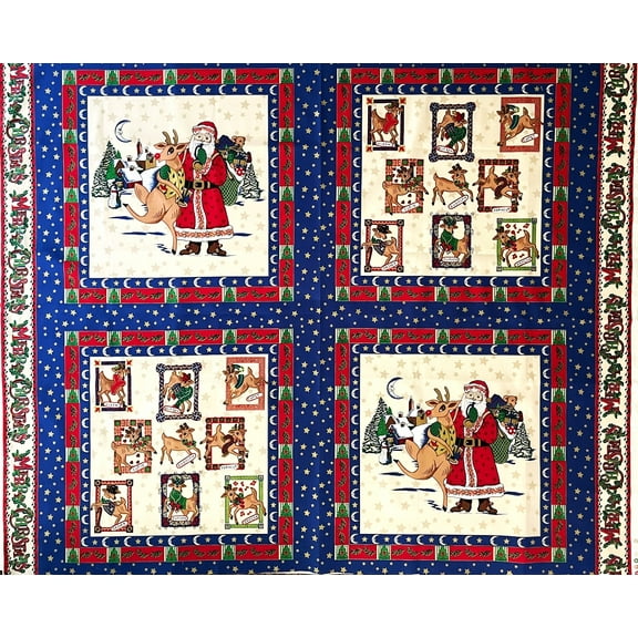 1 Panel -Christmas Santa & Rudolph the Reindeer Block Cotton Fabric Pillow Panel - 4 Large Blocks (Great for Craft Projects, Quilting, Sewing & More) 35 X 44 Wide