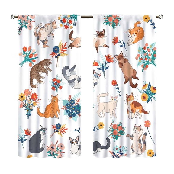 1 Panel Cute Watercolor Floral Kitten Blackout Curtain 45"W22"L, Kawaii Colorful Cat Print Polyester Window Drape, Decor Window Treatment for Kids Bedroom Living Room Cat Lovers 11555cm