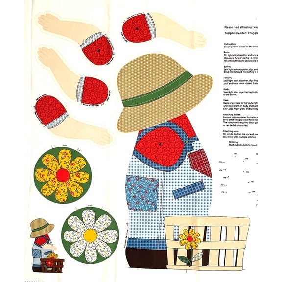 1 Panel - DIY Sunny Boy Sam Plush Doll Cut & Sew Cotton Fabric Panel (Great for Sewing a Stuffed Doll, Craft Projects, Quilting, Wall Hangings, and More) 23" X 44"
