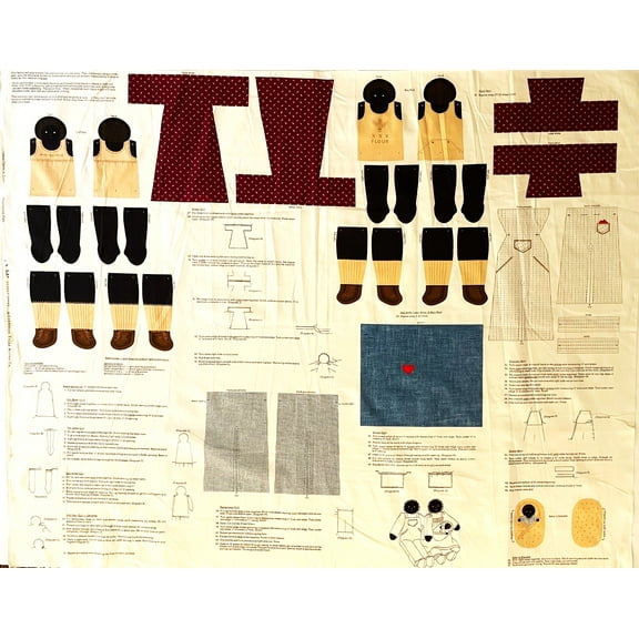 1 Panel - DIY Vintage Cloth Plush Dolls Plantation Pals Cut & Sew Cotton Fabric Panel (Great for Sewing a Stuffed Doll, Craft Projects, Quilting, Wall Hangings, and More) 35" X 44"