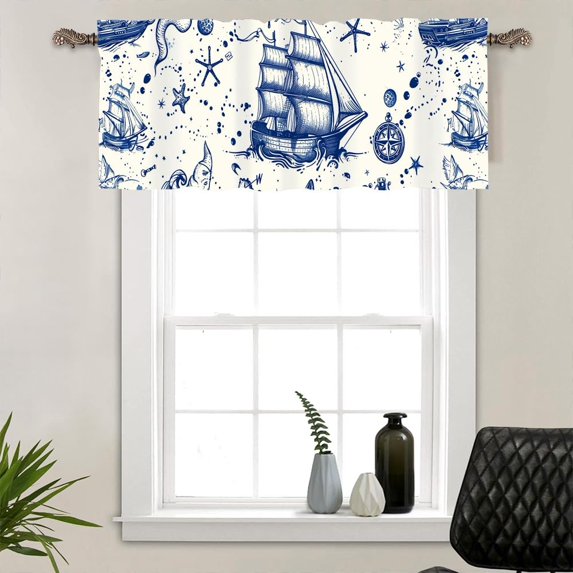 1 Panel Farmhouse Abstract Boat Valance for Windows, Blue Novelty Compass Rod Pocket Valance Curtains Home Decor Window Treatment for Kitchen/Living Room, 54" X 18"