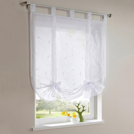 1 Panel Floral Embroidered Sheer Roman Tie Up Curtains Shades Tab Top Balloon Curtain Voile Drape Bowknot Drapery Valance Panels for Small Windows 55"x55"