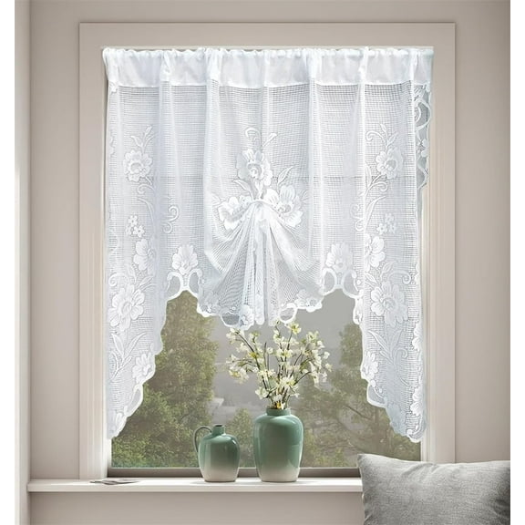 1 Panel Floral Embroidery Semi Sheer Curtain,White Tie Up Lace Curtain,59"×39" Short Linen Swag Curtain,Flower Princess Style Valance,for Living Room Kitchen Bathroom By Scheam