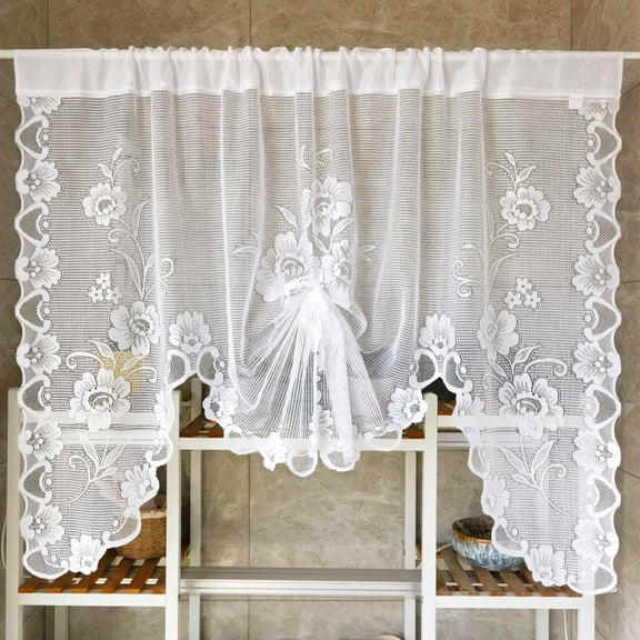 1 Panel Floral Embroidery Sheer Lace Curtain Valance Princess Style Embroidered Waterfall Swag Curtain Valance Tier for Kitchen Bathroom Half Window Decoration, Rod Pocket Top