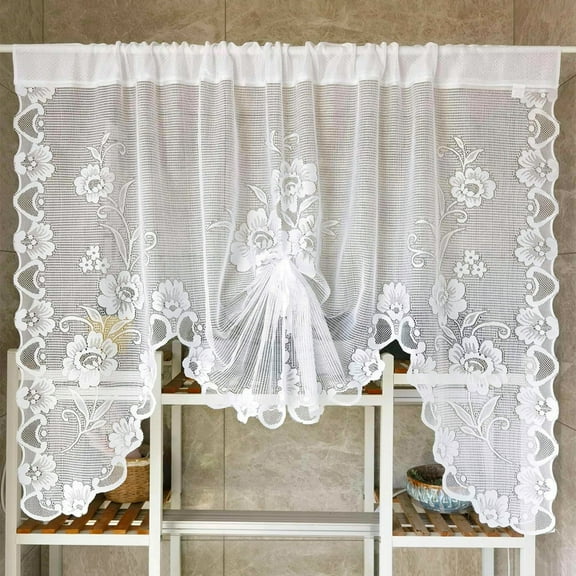 1 Panel Floral Embroidery Sheer Lace Curtain Valance Princess Style Embroidered Waterfall Swag Curtain Valance Tier for Kitchen Bathroom Half Window Decoration