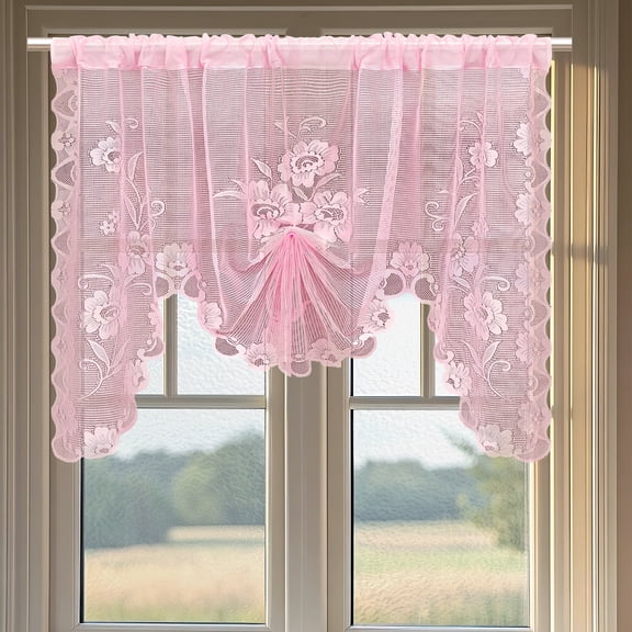 1 Panel Floral Embroidery Sheer Lace Curtain Valance Princess Style Embroidered Waterfall Swag Curtain Valance Tier for Kitchen Bathroom Half Window Decoration, Rod Pocket Top