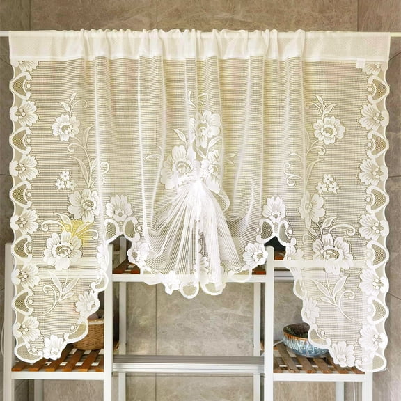 1 Panel Floral Embroidery Sheer Lace Curtain Valance Princess Style Embroidered Waterfall Swag Curtain Valance Tier for Kitchen Bathroom Half Window Decoration, Rod Pocket Top