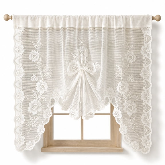 1 Panel Floral Lace Curtain Semi-Sheer Floral Lace Swag Farmhouse Boho Valance Beige Lace Half Curtains for Kitchen Half Window Bathroom Living Room Basement Decoration 59 x 39inch