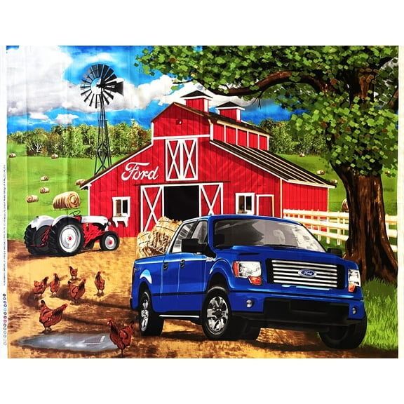 1 Panel - Ford Farm Tractor & Blue Pick-Up Truck Red Barn Cotton Fabric Panel (Great for Quilting, Sewing, Craft Projects, Wall Hangings, and More) 36" X 44"