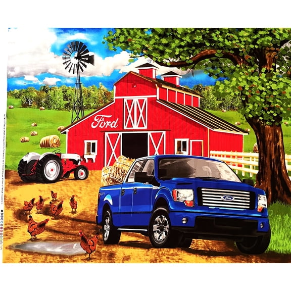 1 Panel - Ford Farm Tractor & Blue Pick-Up Truck Wall Decoration Cotton Fabric Panel (Great for Quilting, Sewing, Craft Projects, Wall Hangings, and More) 36" X 44"