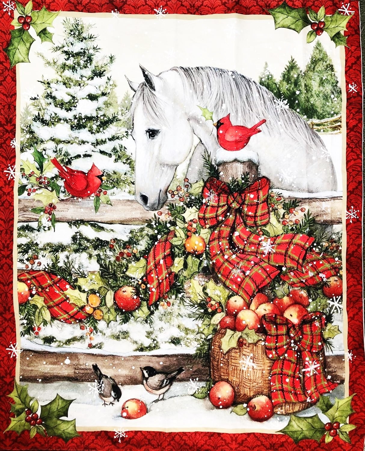 1 Panel - Horse & Cardinal Birds Christmas Snowy Farm Scenic Cotton Fabric Panel - Susan Wingate (Great for Quilting, Sewing, Craft Projects, Wall Hangings, and More) 36" X 44"