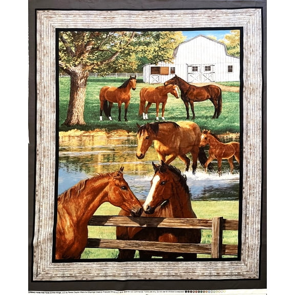 1 Panel - Horses & Pony Scenic Farm Cotton Fabric Panel (Great for Quilting, Sewing, Craft Projects, Wall Hangings, and More) 36" X 44"