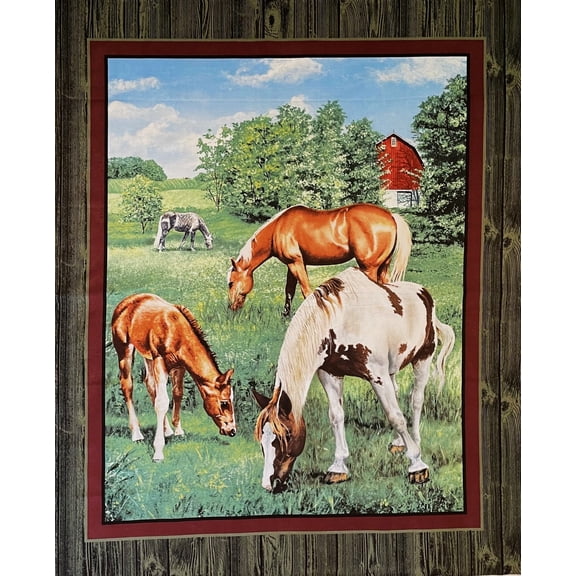 1 Panel - Horses & Pony Scenic Pasture Cotton Fabric Panel (Great for Quilting, Sewing, Craft Projects, Wall Hangings, and More) 36" X 44"