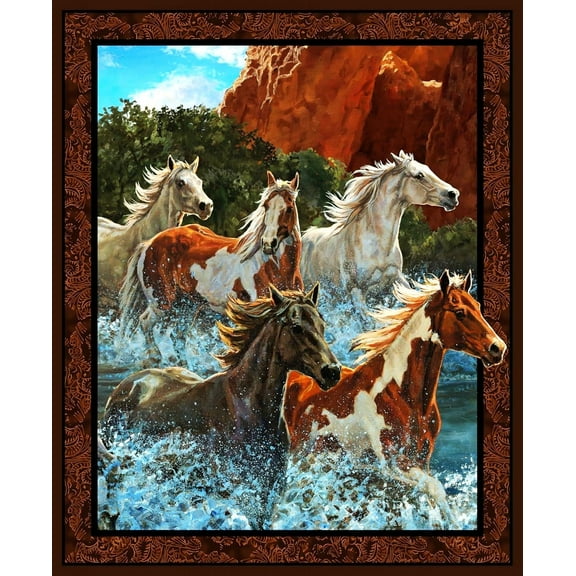 1 Panel - Horses Running Free Western Scene Cotton Fabric Panel (Great for Quilting, Sewing, Craft Projects, Wall Hangings, and More) 36" X 44"