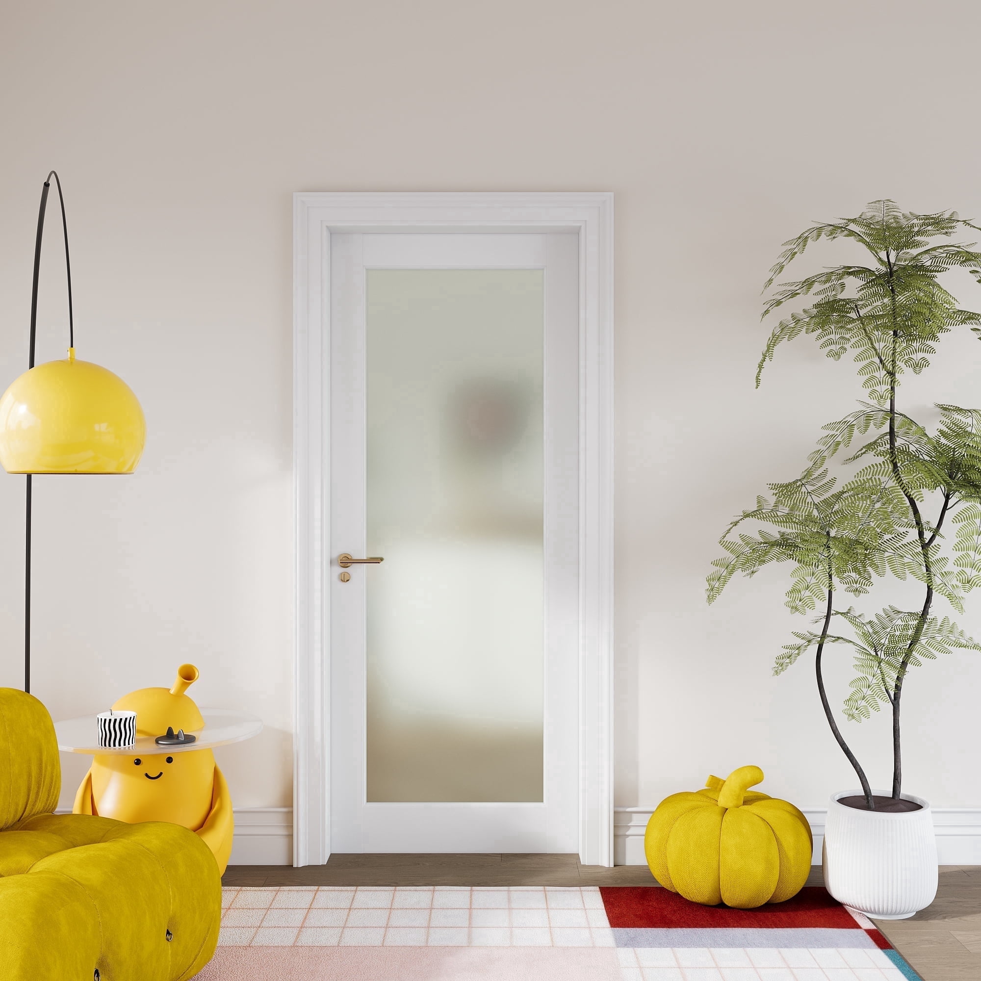 24" x 80"Frosted Glass Interior Door Slab, 1-Lite Tempered Privacy White Primed Shaker Door for Bathroom Bedroom Closet, DIY Paintable w/o Hardware
