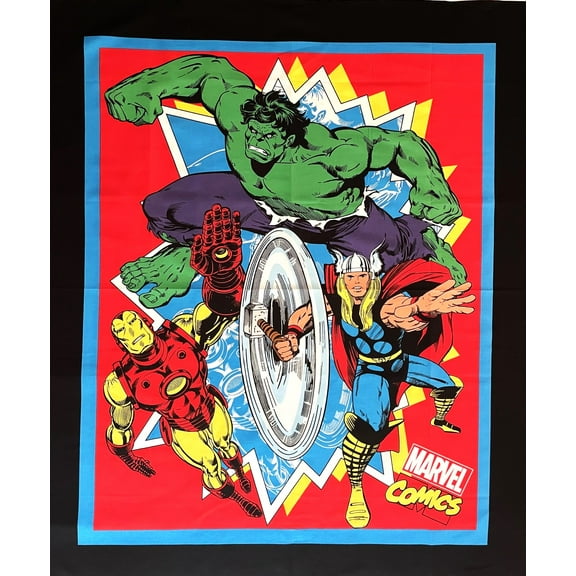 1 Panel - Marvel Super Hero Hulk Thor & Ironman Cotton Fabric Panel (Great for Quilting, Sewing, Craft Projects, Wall Hangings, and More) 36" X 44"