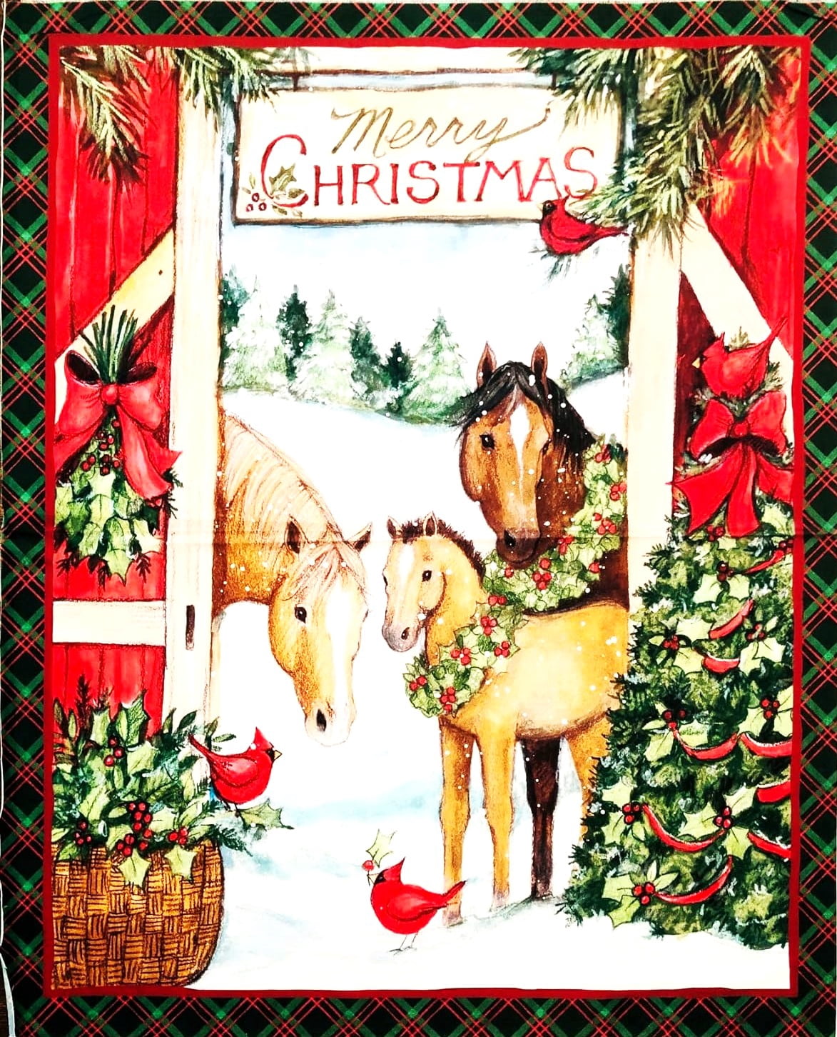 1 Panel - Merry Christmas Horse & Pony Cotton Fabric Panel (Great for Quilting, Sewing, Craft Projects, Wall Hangings, and More) 36" X 44"