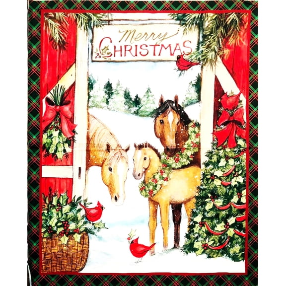 1 Panel - Merry Christmas Horse & Pony Cotton Fabric Panel (Great for Quilting, Sewing, Craft Projects, Wall Hangings, and More) 36" X 44"