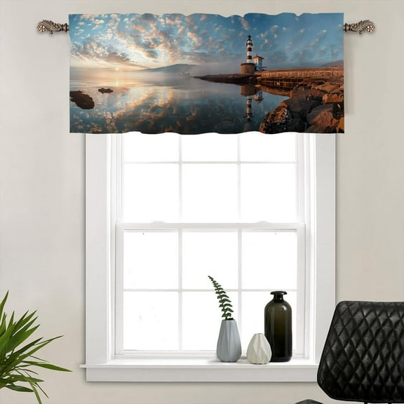 1 Panel Ocean Coastal Kitchen Valance Curtains for Windows, Nature Sky Cloud Lighthouse Window Treatment Rod Pocket Drapes Valances for Bathroom, 54" X 18"