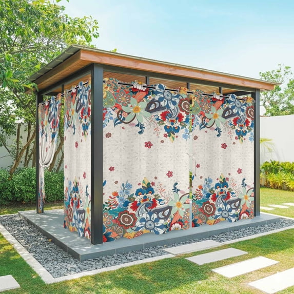 1 Panel Outdoor Curtains for Patio Waterproof 54"x108" Boho Flowers Weatherproof Privacy Outsides Curtains, Abstract Ethnic Vintage Bohemian Floral Grommet Thermal Drapes for Cabana Porch Pergola