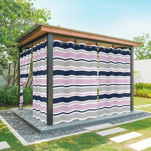 1 Panel Outdoor Curtains for Patio Waterproof 54"x108" Pink Grey Striped Weatherproof Privacy Outsides Curtains, Farmhouse Stripes Modern Abstract Art Grommet Thermal Drapes for Cabana Porch Pergola