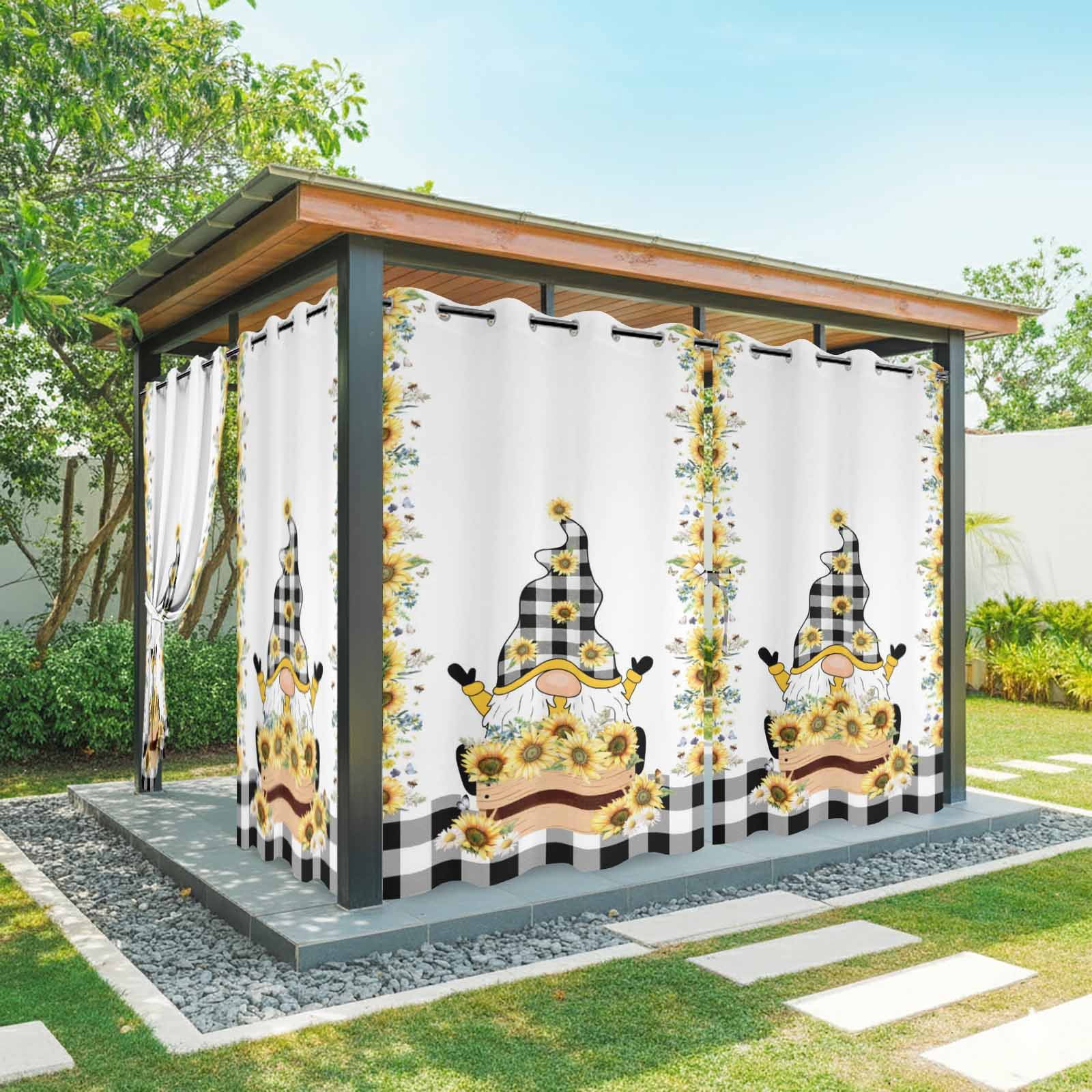1 Panel Outdoor Curtains for Patio Waterproof 54"x108" Sunflower Gnomes Weatherproof Privacy Outsides Curtains, Yellow Summer Botanical Farmhouse Grommet Thermal Drapes for Cabana Porch Pergola