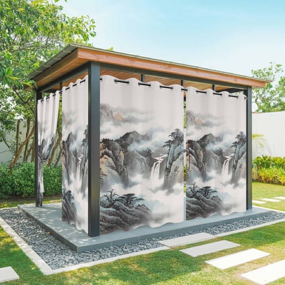 1 Panel Outdoor Curtains for Patio Waterproof 54"x84", Chinese Ink Painting Weatherproof Privacy Outsides Curtains, Mountain Cloud Modern Art Grommet Thermal Drapes for Cabana Porch Pergola