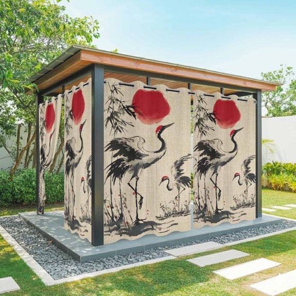 1 Panel Outdoor Curtains for Patio Waterproof 54"x84", Crane Weatherproof Privacy Outsides Curtains, Black White Ink Wash Red Moon Botanical Farmhouse Grommet Thermal Drapes for Cabana Porch Pergola