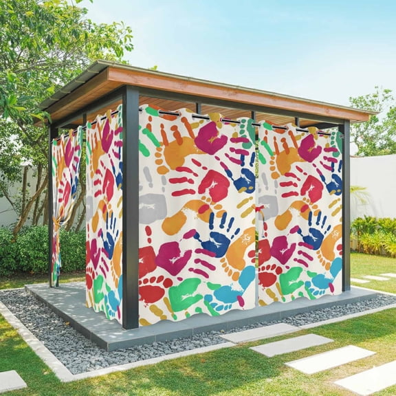 1 Panel Outdoor Curtains for Patio Waterproof 54"x95" Colorful Handprints Weatherproof Privacy Outsides Curtains, Rainbow Abstract Hand Foot Prints Grommet Thermal Drapes for Cabana Porch Pergola