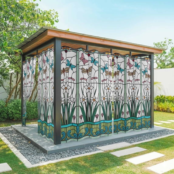 1 Panel Outdoor Curtains for Patio Waterproof 54"x95" Green Butterfly Flower Weatherproof Privacy Outsides Curtains, Stained Glass Dragonfly Floral Plant Grommet Thermal Drapes for Cabana Porch