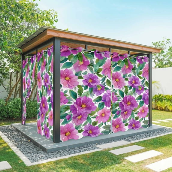 1 Panel Outdoor Curtains for Patio Waterproof 54"x95" Purple Flowers Weatherproof Privacy Outsides Curtains, Spring Floral Leaves Botanical Watercolor Grommet Thermal Drapes for Cabana Porch Pergola