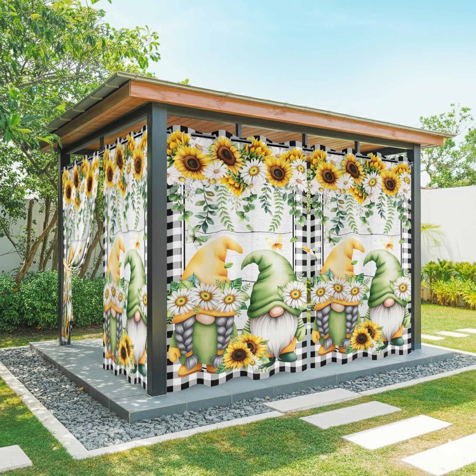 1 Panel Outdoor Curtains for Patio Waterproof 54"x95" Sunflower Gnomes Weatherproof Privacy Outsides Curtains, Spring Farmhouse Daisy Leaf Wooden Grain Grommet Thermal Drapes for Cabana Porch Pergola