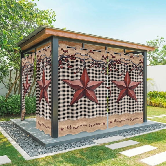 1 Panel Outdoor Curtains for Patio Waterproof 54"x95" Texas Star Farmhouse Weatherproof Privacy Outsides Curtains, Rustic Black Plaid Berry Wooden Grommet Thermal Drapes for Cabana Porch Pergola