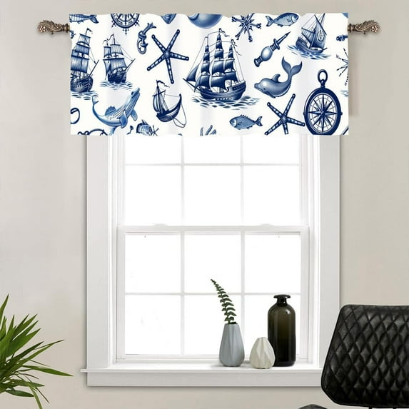 1 Panel Retro Boat Nautical Valance for Windows, Blue Pattern Coastal Rod Pocket Valance Curtains Home Decor Window Treatment for Kitchen/Living Room, 54" X 18"