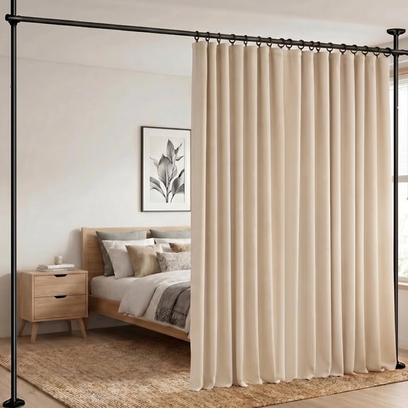 1 Panel Room Divider Curtain with 21 Hooks and Rings, Blackout Floor to Ceiling Curtain, Ceiling Mount Sliding Door Curtain Divider for Room Separation, Beige, W100 x H84 Inch